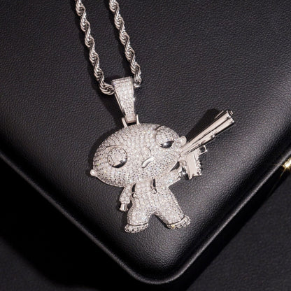 White gold S925 sterling silver iced out moissanite Stewie with gun pendant on leather display box