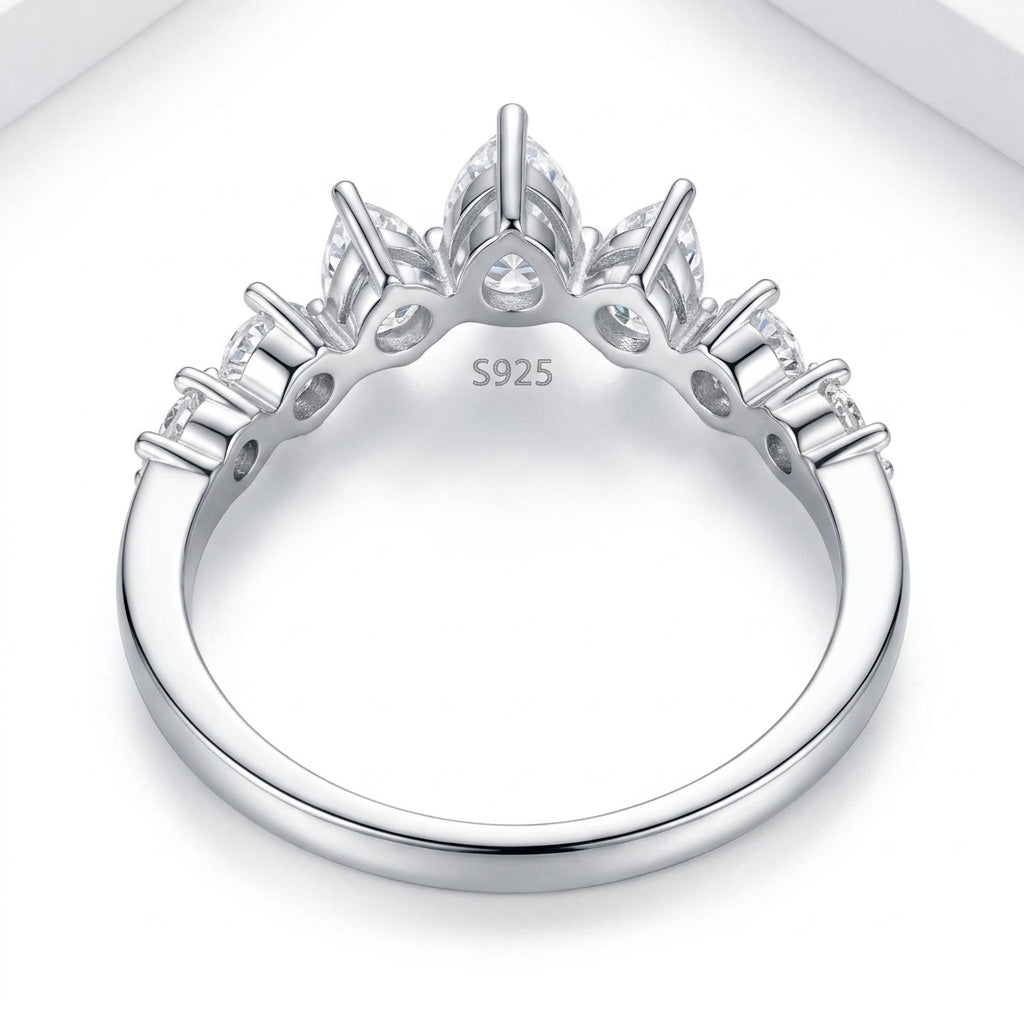 Close-up of the smooth back band and S925 hallmark on silver moissanite tiara crown ring.