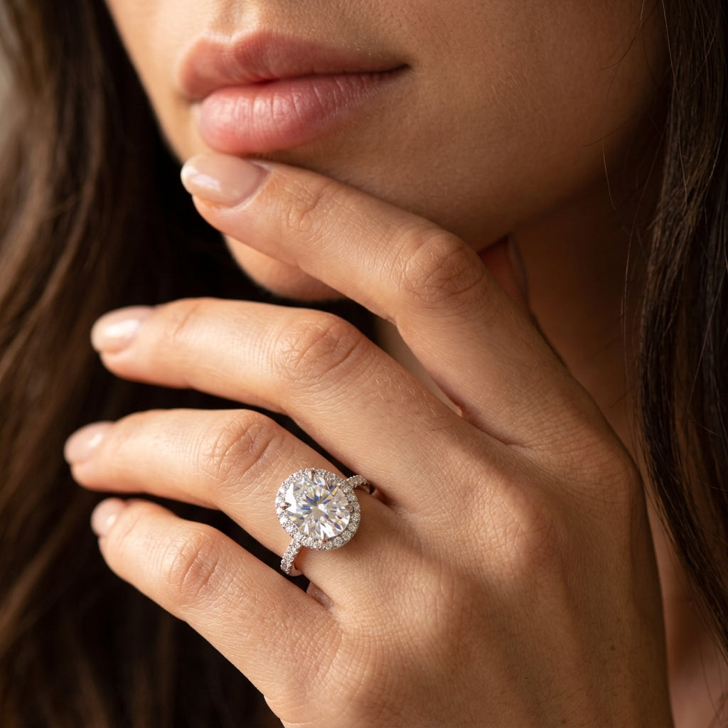 Close-up view of a model wearing silver oval cut moissanite pave halo engagement ring.