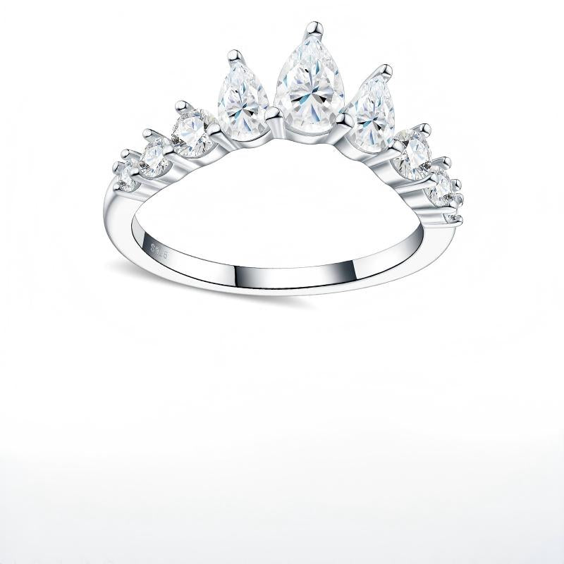 Front view of silver pear shaped moissanite tiara crown curved wedding band on white background.