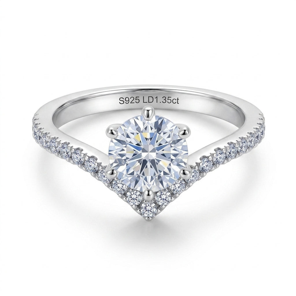 Front view of six-prong round diamond v-shape chevron ring showing S925 LD1.35ct engraving.