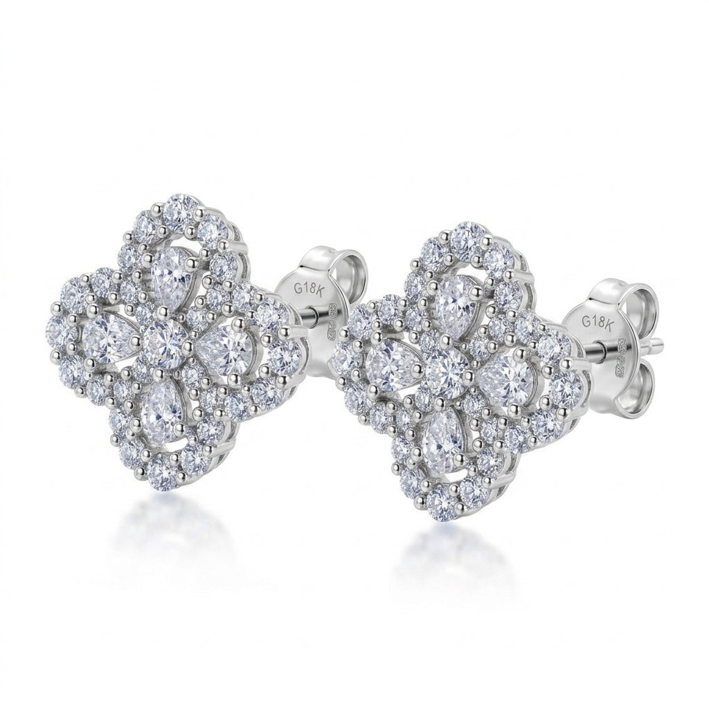 Four Leaf Clover Lab Grown Diamond Stud Earrings, Pear Cut Flower Cluster