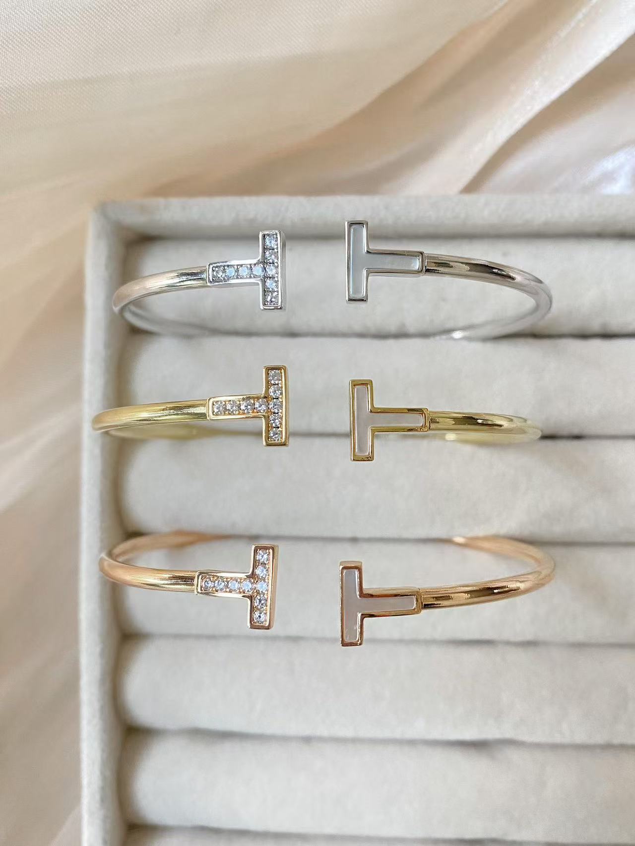 Tiffany T: Half Diamond  Wire Bracelet with White Mother-of-Pearl