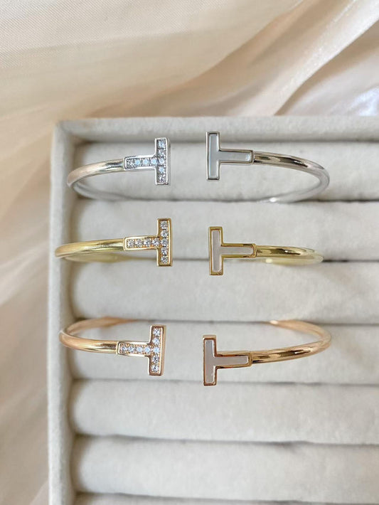 Tiffany T: Half Diamond  Wire Bracelet with White Mother-of-Pearl