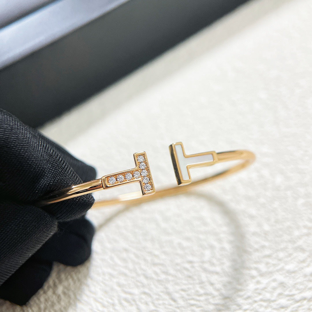Tiffany T: Half Diamond  Wire Bracelet with White Mother-of-Pearl