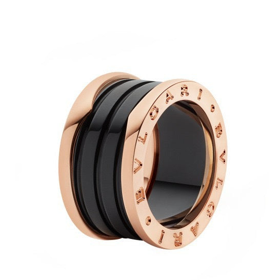 BVLGARI B.zero1 three-band ring with black ceramic spiral, featuring sleek design and modern style, by Zerra Jewelry.