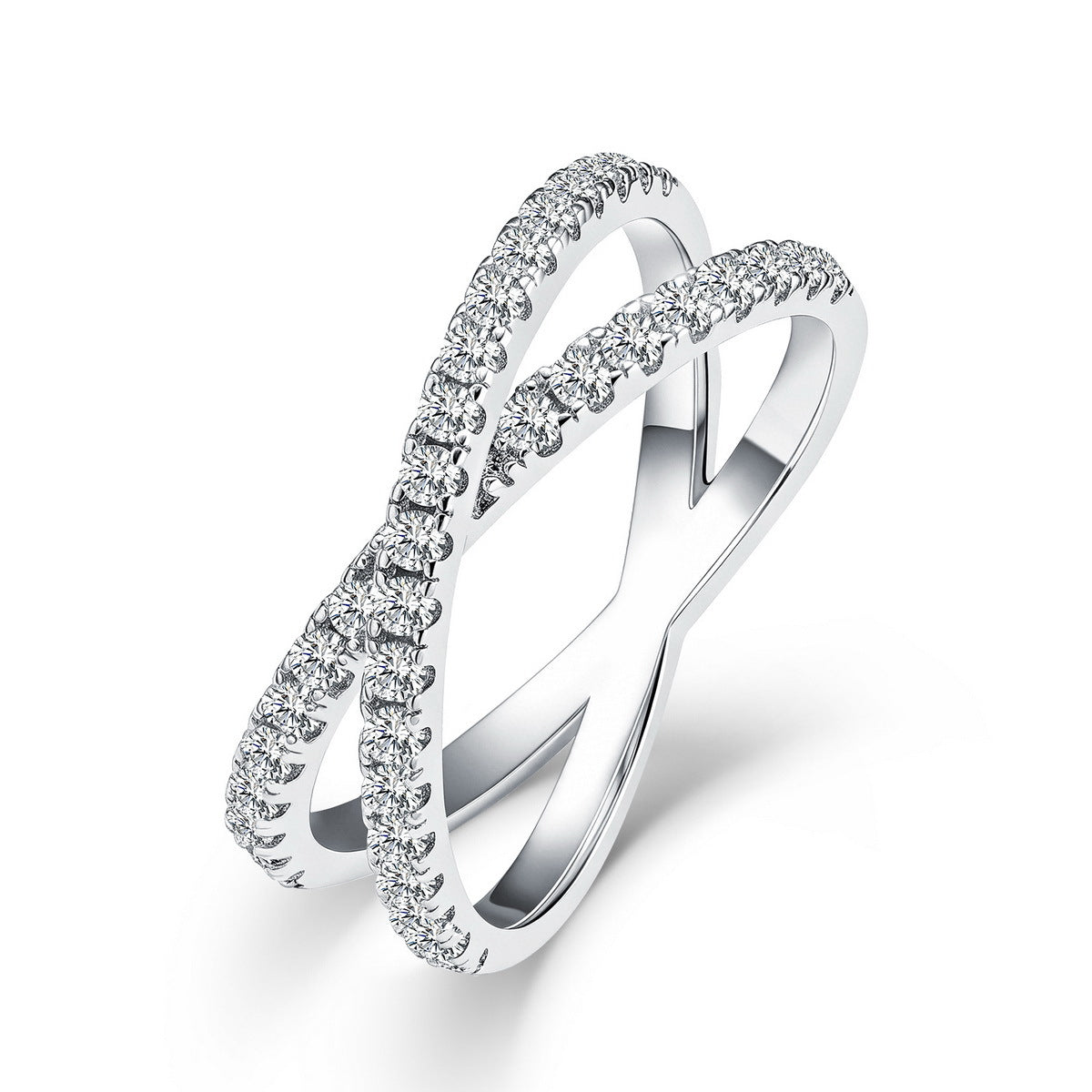 Sparkling lab grown diamond criss cross x-ring in sterling silver isolated on white background