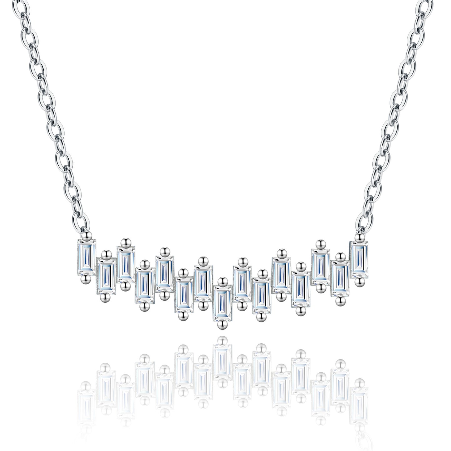Staggered baguette cut moissanite bar necklace in sterling silver with reflection.