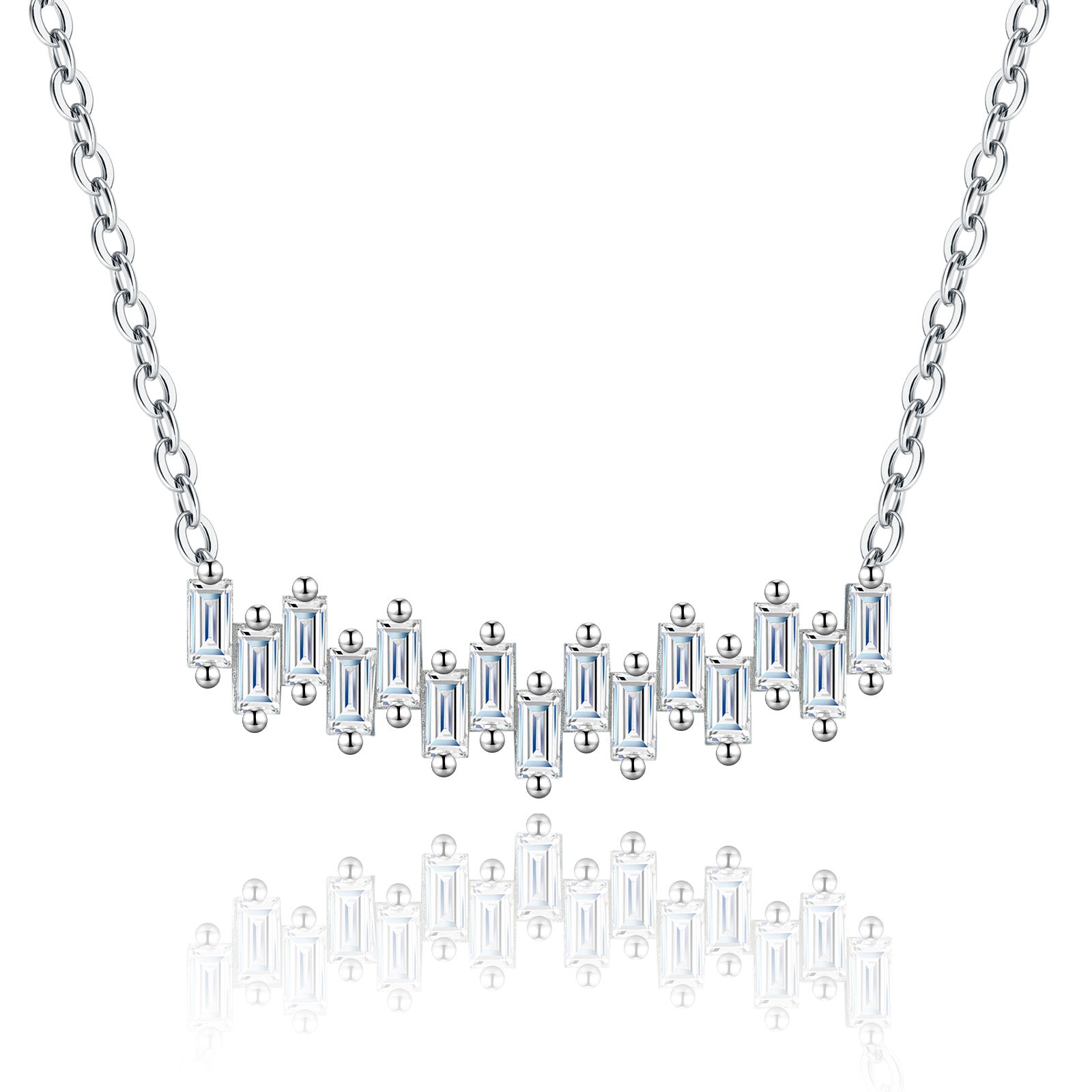Staggered baguette cut moissanite bar necklace in sterling silver with reflection.