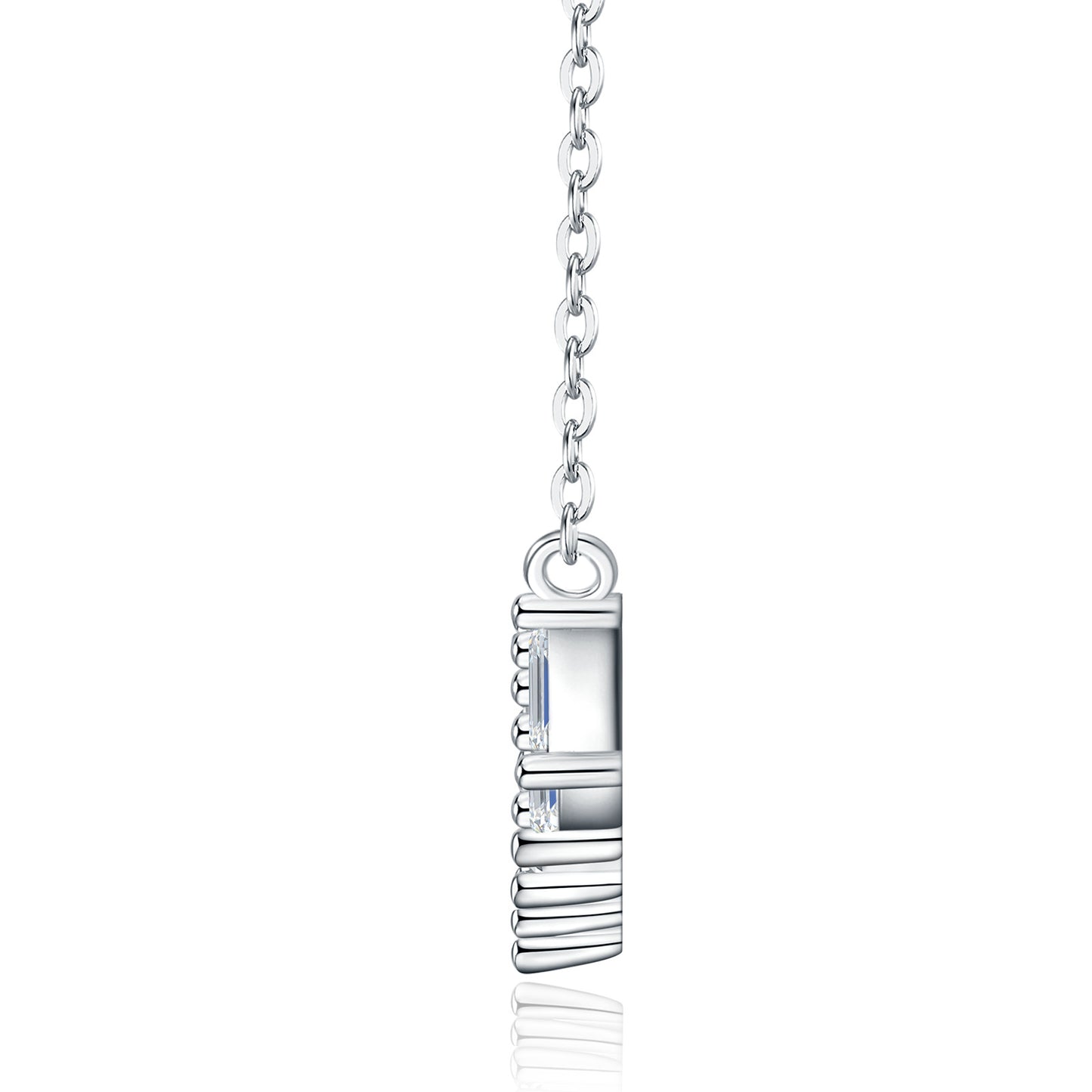 Side profile view showing sleek structure of staggered baguette moissanite bar pendant.