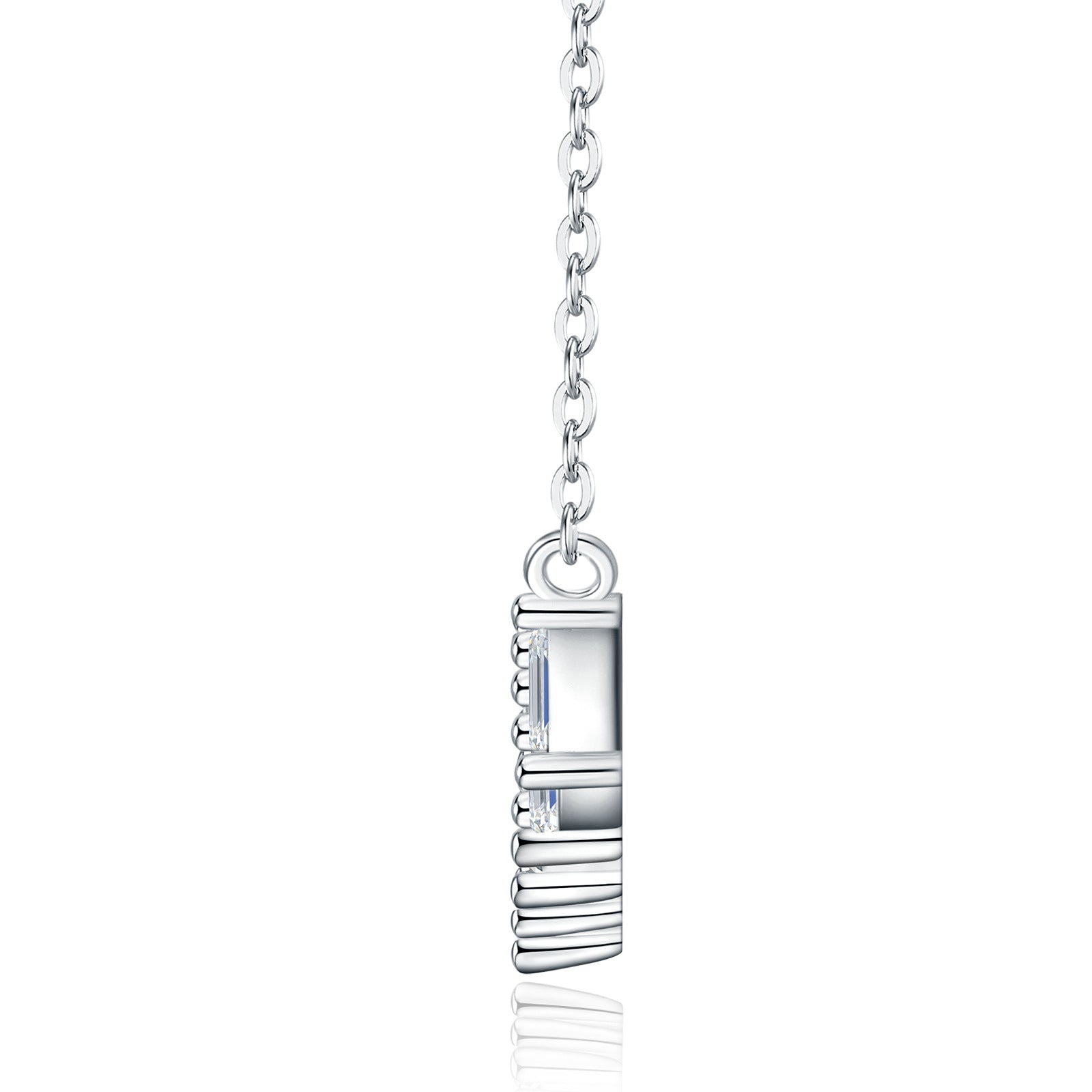 Side profile view showing sleek structure of staggered baguette moissanite bar pendant.