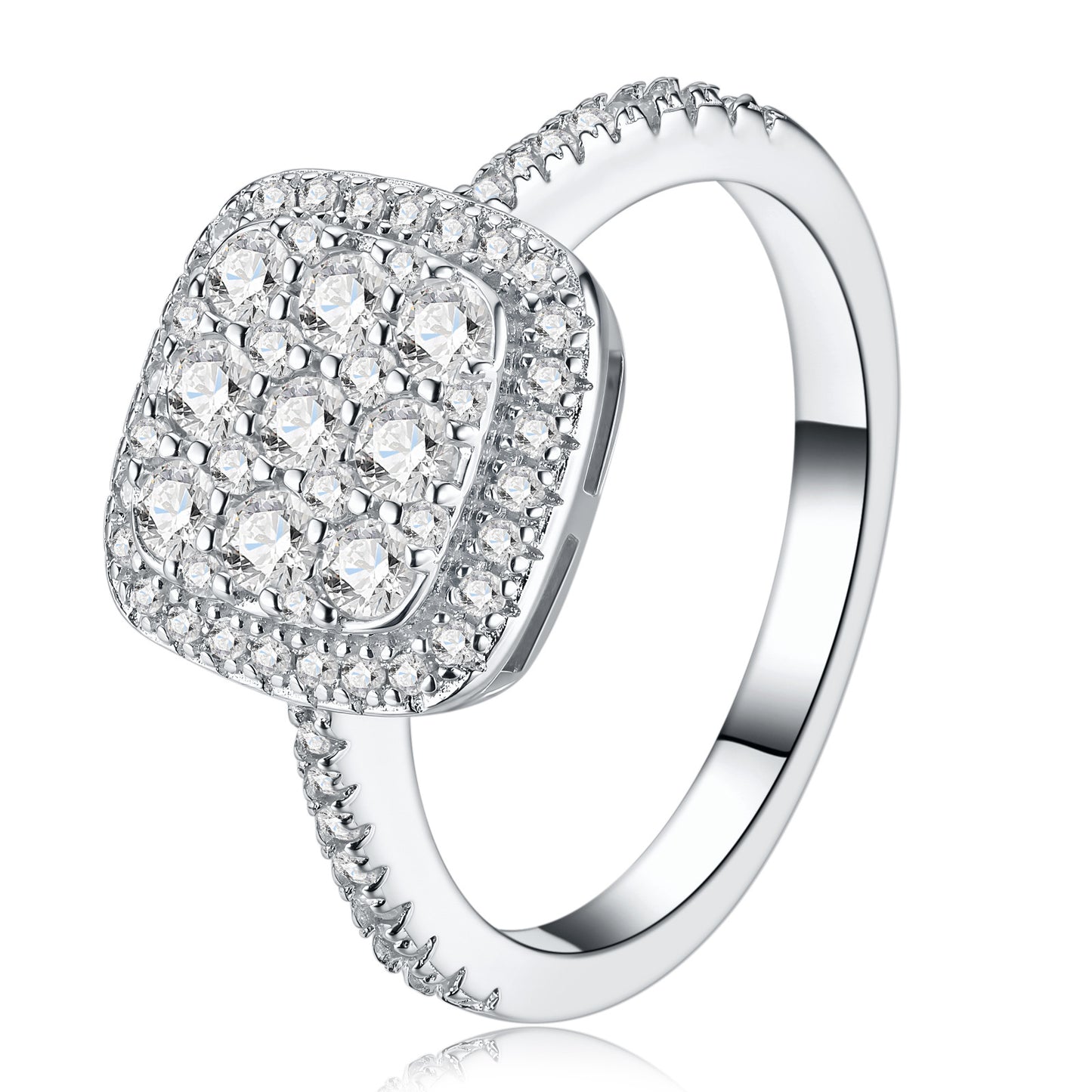 Studio display of sugar cube halo cluster moissanite engagement ring featuring double cushion halo and pave band.