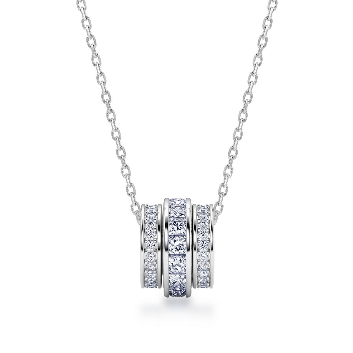 Three ring princess and round cut lab grown diamond barrel pendant necklace in sterling silver isolated on white background
