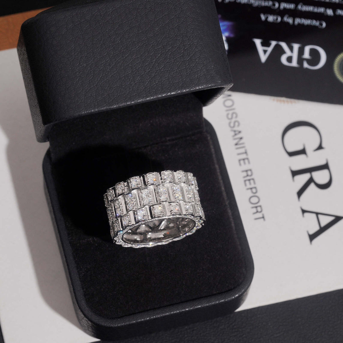 Three row watch link moissanite wide band ring presented in black gift box with GRA certificate