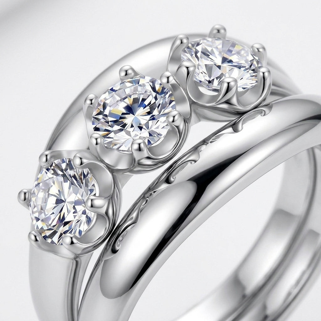 Close-up of round three-stone basket setting and flush curved plain guard band.