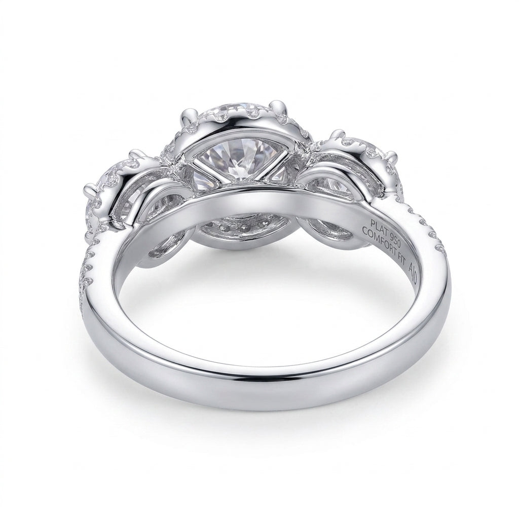 Macro view of side profile showing 3-halo basket setting and pave band on silver ring.