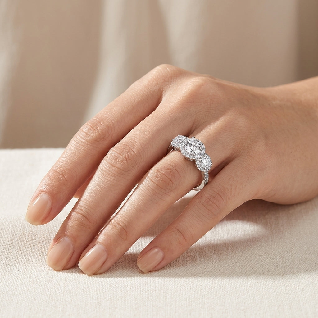 Model showing three stone halo moissanite past present future ring on hand.