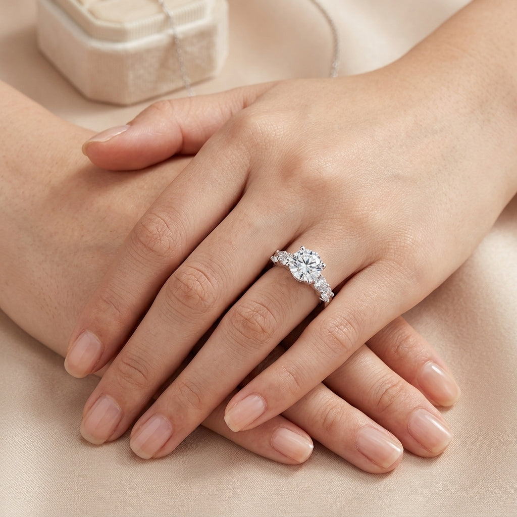 Premium lookbook wear shot of a model's hands gracefully displaying a timeless romantic round gemstone solitaire wedding stacker ring.