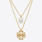 Tory Burch Britten Double Strand Necklace in 18k gold-plated finish with layered chains and logo