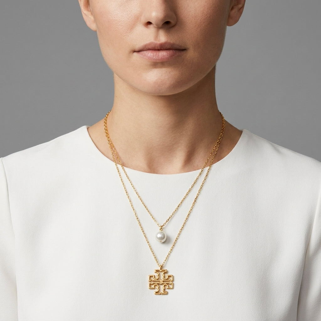 Model wearing Tory Burch Britten Double Strand Necklace, an elegant statement piece for modern styling