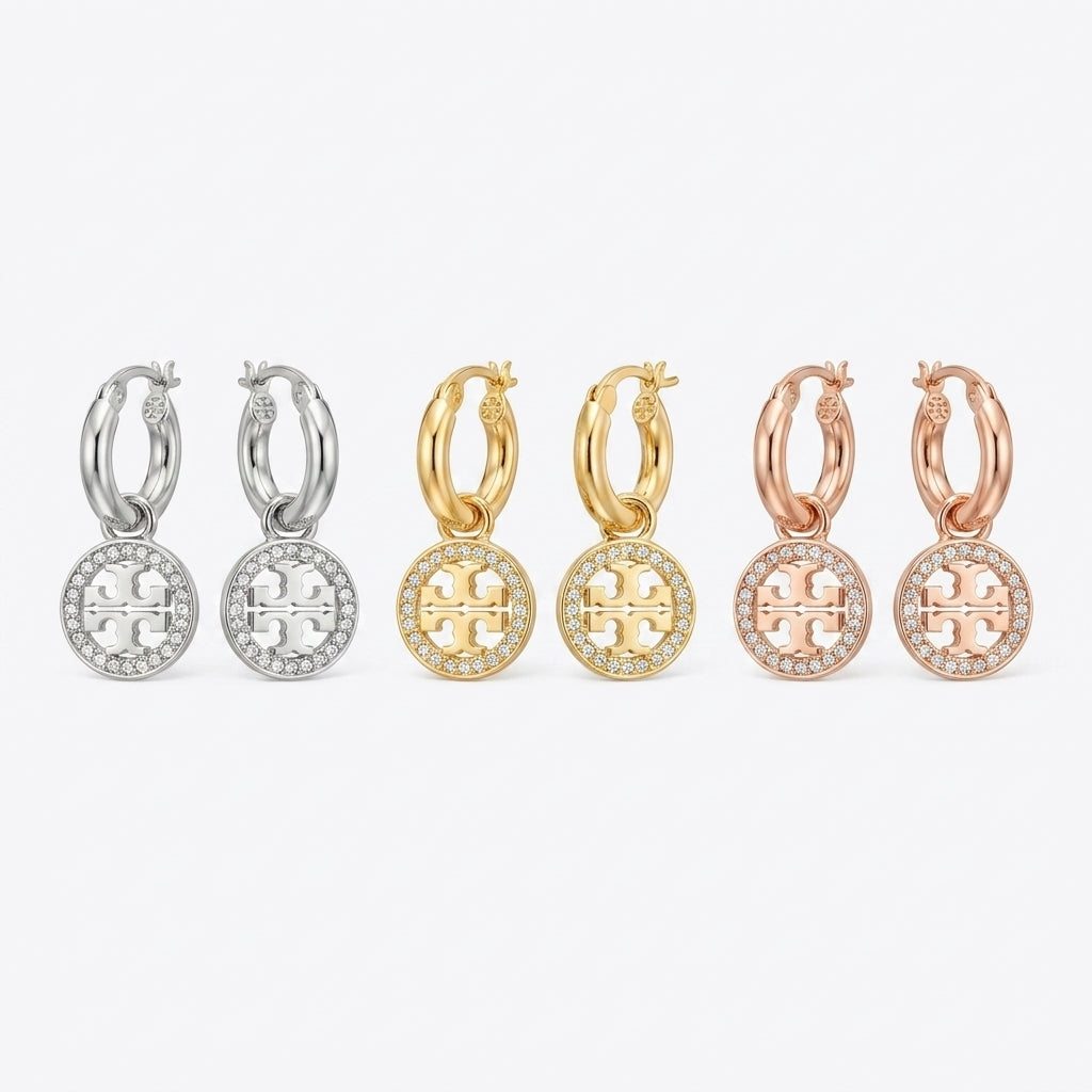 Tory Burch Crystal Double T Hoop Earrings in gold finish with brilliant micro-pave crystals