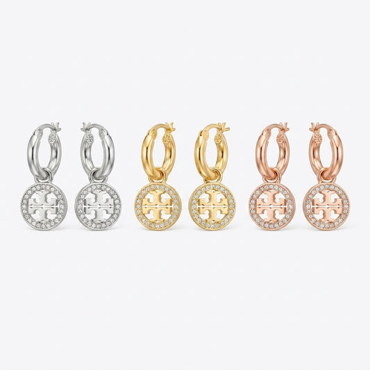 Tory Burch Crystal Double T Hoop Earrings in gold finish with brilliant micro-pave crystals