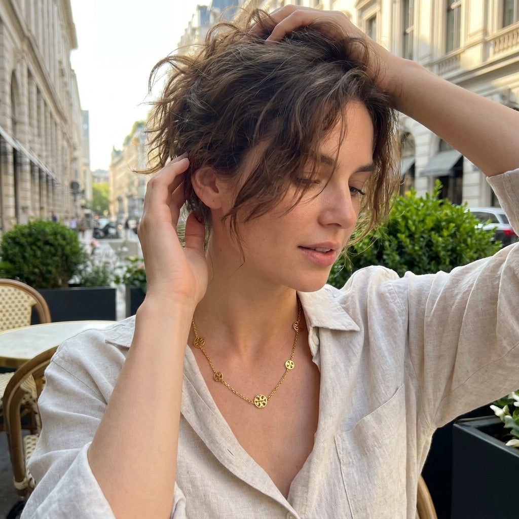 Chic lifestyle flatlay of the Thin Double T Necklace, an elegant gift for minimalist lovers