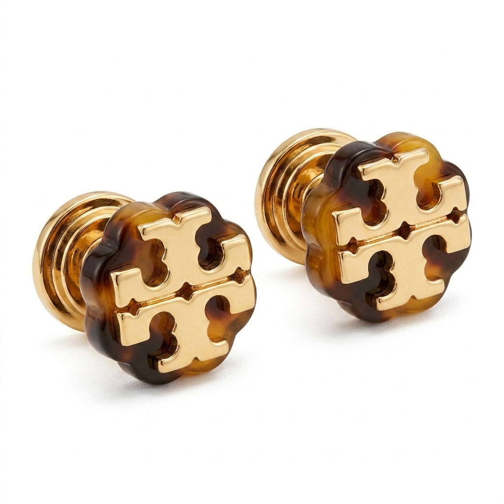 Tory Burch Double Tone Stud Earrings featuring a mixed metal gold and silver Double T logo