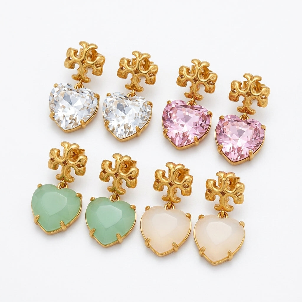 Tory Burch Heart Drop Earrings featuring pink crystals and gold-tone Double T logo