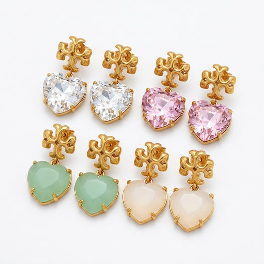 Tory Burch Heart Drop Earrings featuring pink crystals and gold-tone Double T logo