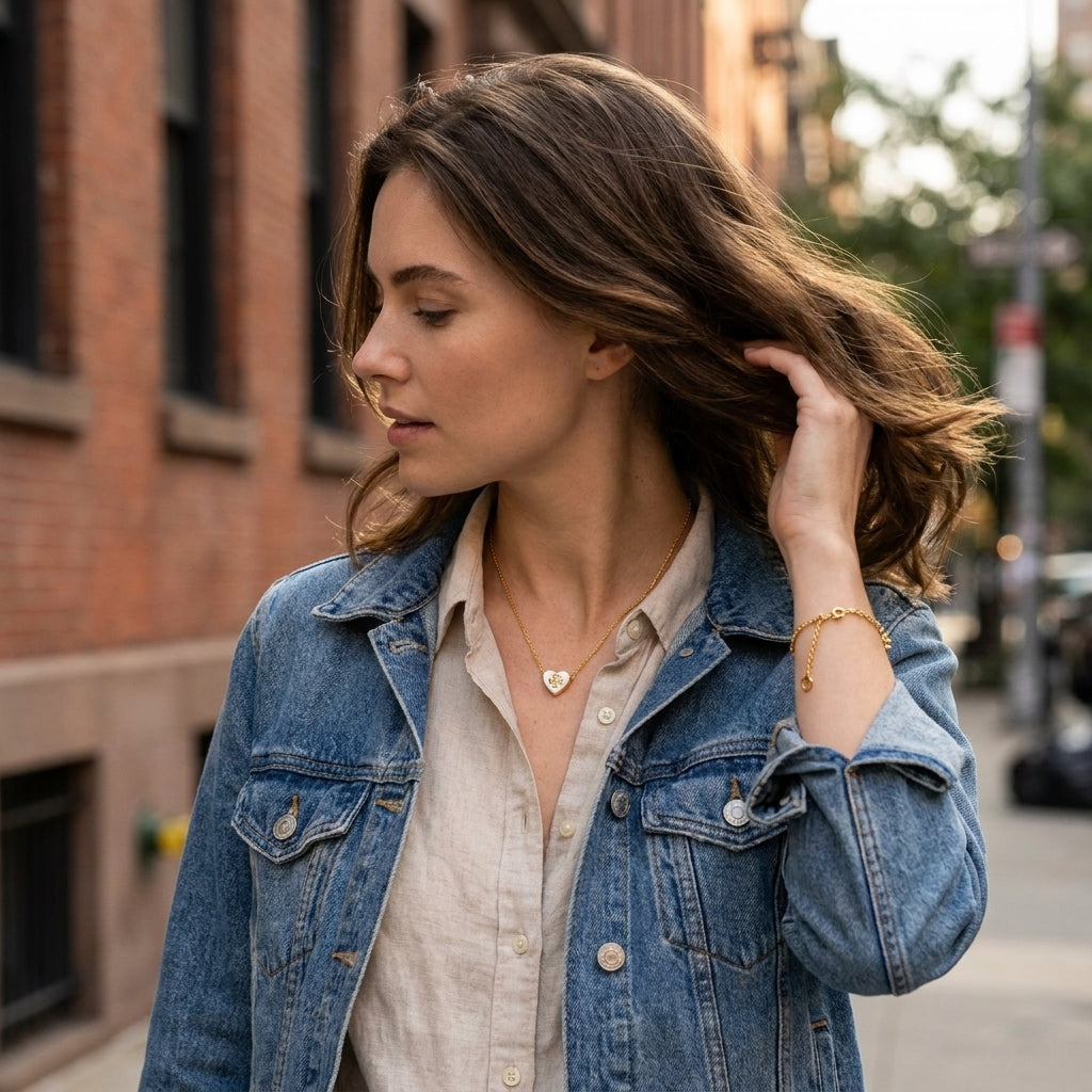 Model touches hair wearing Kira Heart Necklace, capturing the gold luster in natural light