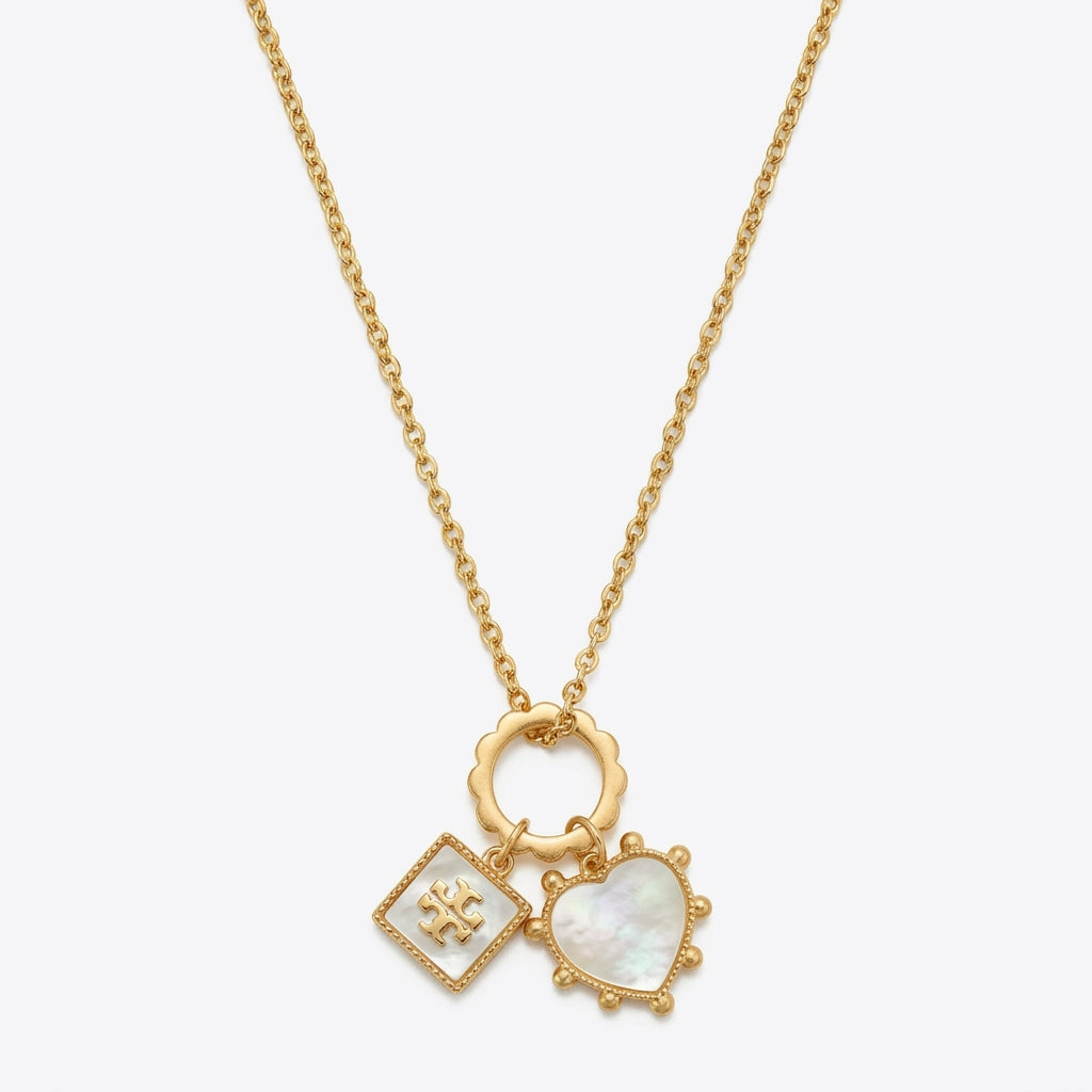 Tory Burch Heart & Square Charm Necklace with natural Mother of Pearl and gold logo