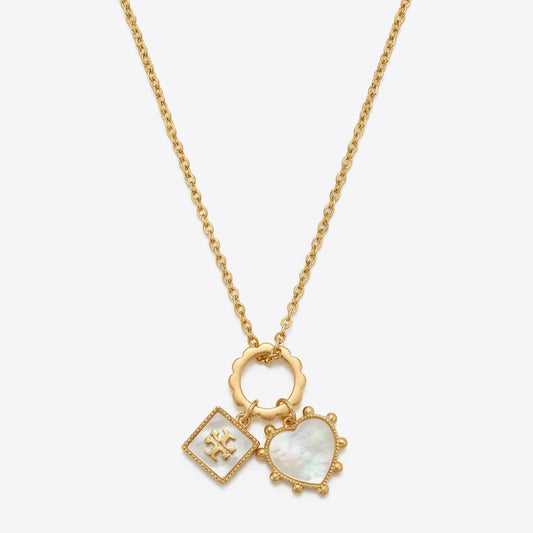 Tory Burch Heart & Square Charm Necklace with natural Mother of Pearl and gold logo