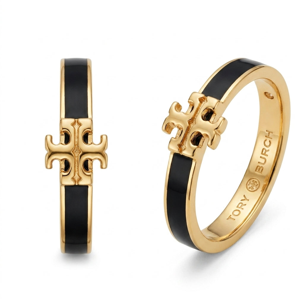 Tory Burch Icon Enamel Ring in 18k gold finish with black enamel inlay and Double T logo