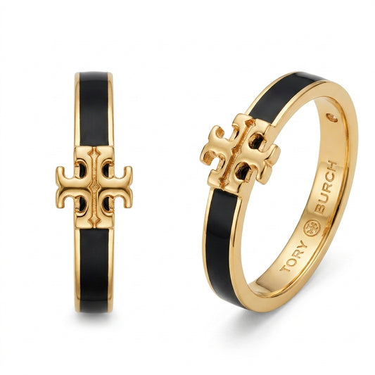 Tory Burch Icon Enamel Ring in 18k gold finish with black enamel inlay and Double T logo