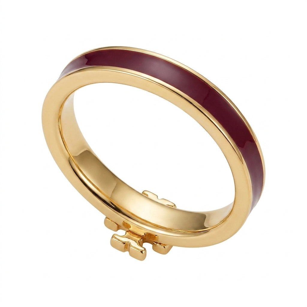 Tory Burch Icon Enamel Ring in 18k gold finish with black enamel inlay and Double T logo