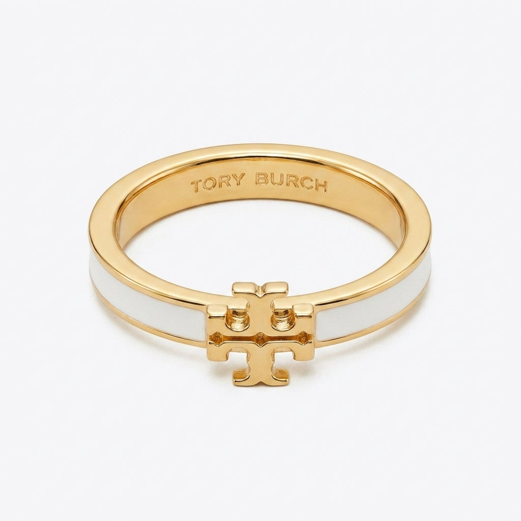 Tory Burch Icon Enamel Ring in 18k gold finish with black enamel inlay and Double T logo