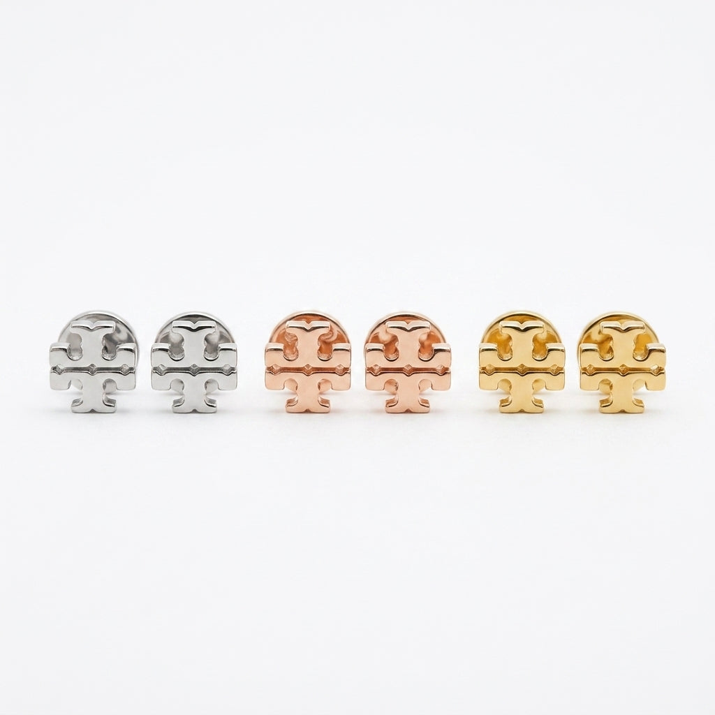 Tory Burch Icon Stud Earrings in 18k Gold Plated 925 Sterling Silver, Double T Logo Design
