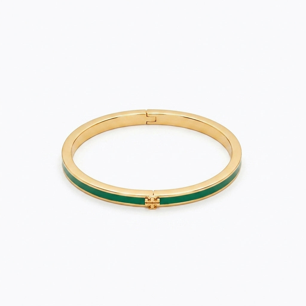 Tory Burch Icon Thin Enamel Bracelet in gold-tone with green enamel inlay and iconic Double T logo