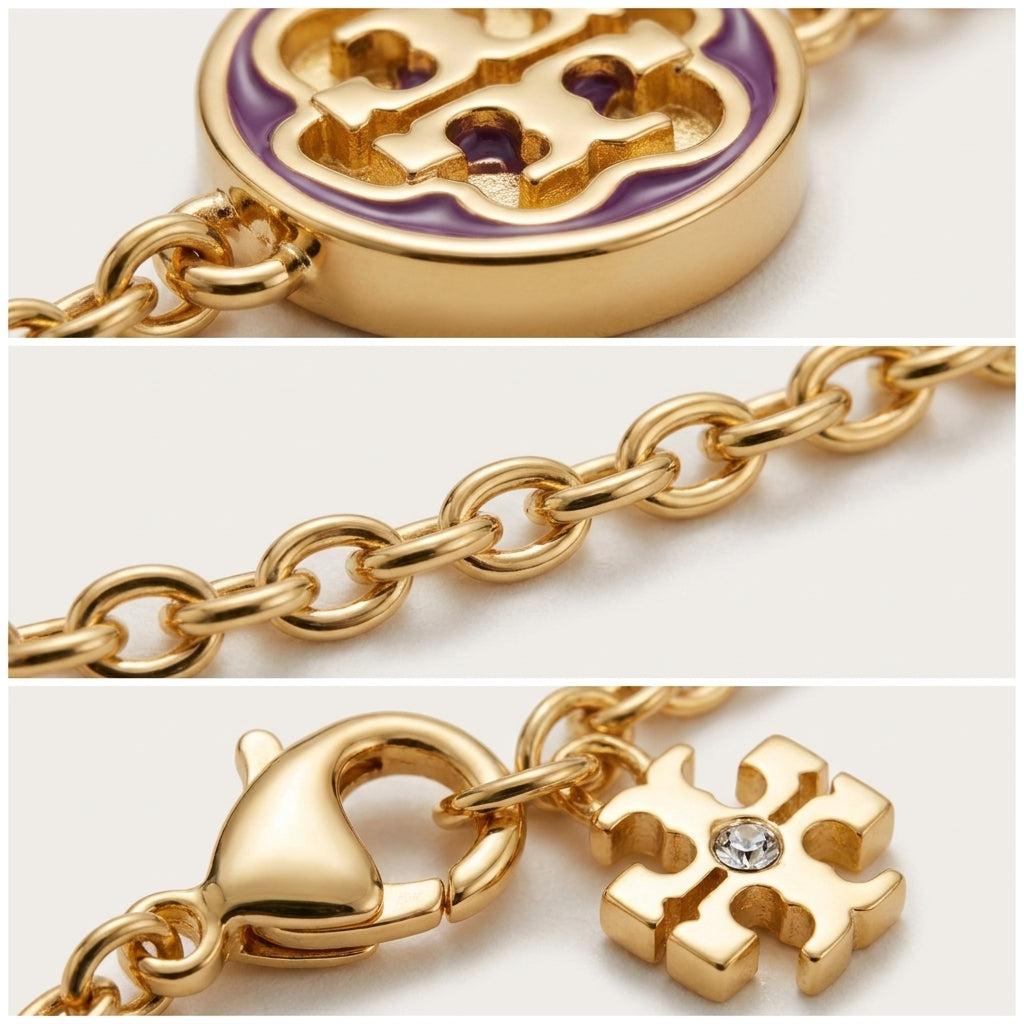 Detailed shot of the adjustable lobster clasp and the gold brand tag on the Kira Flower Bracelet