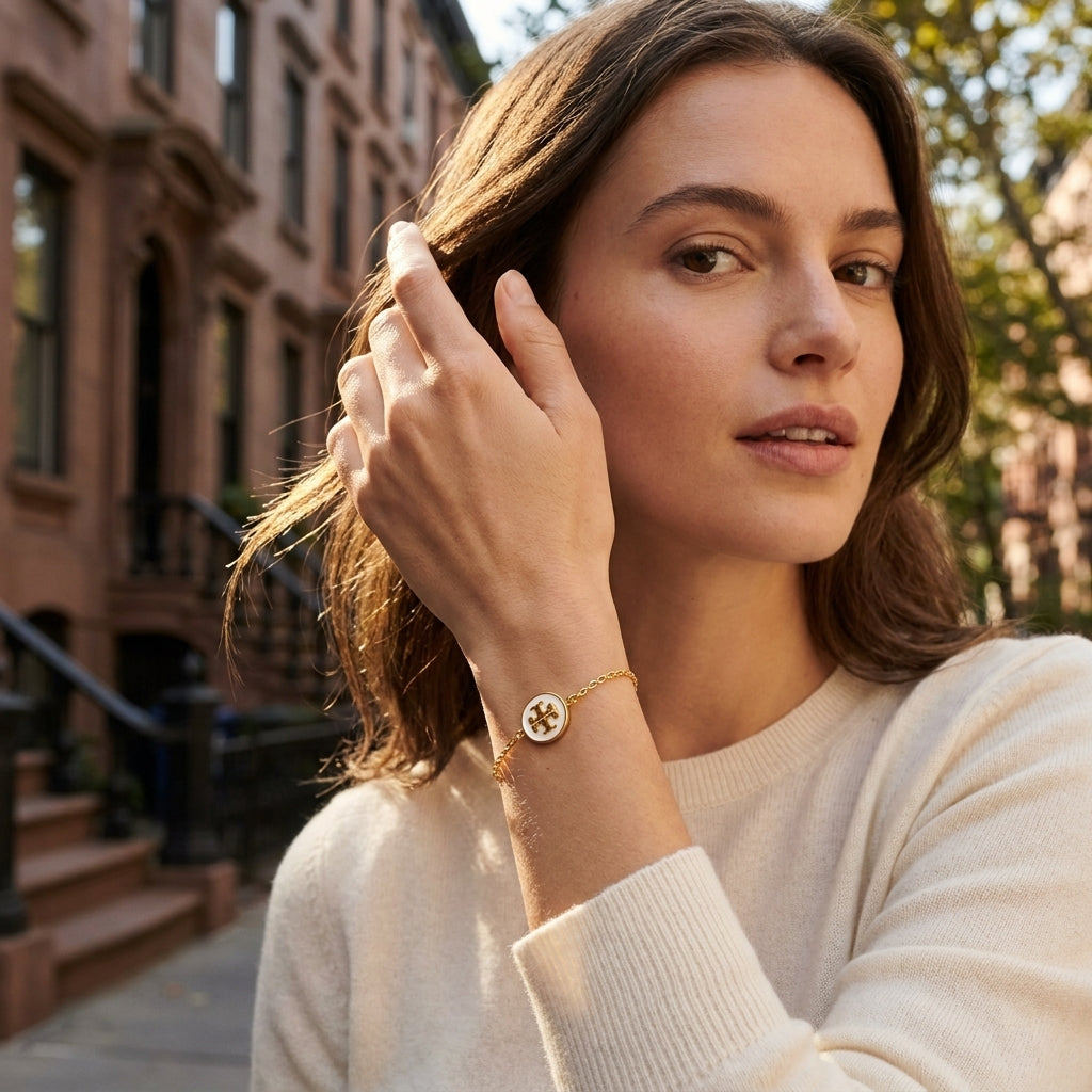 A minimalist lifestyle shot of the Tory Burch Kira Enamel Chain Bracelet worn on a woman's wrist, styled for effortless luxury.