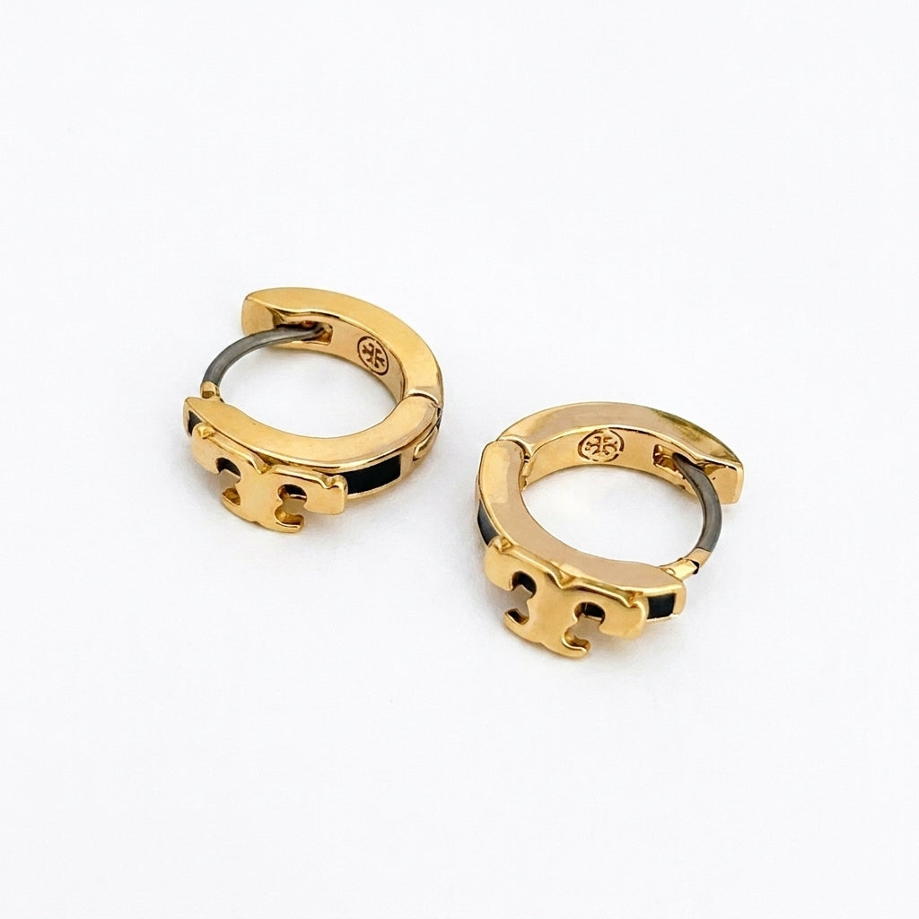 Tory Burch Kira Enamel Huggie Hoop Earrings in gold finish with colorful enamel and Double T logo