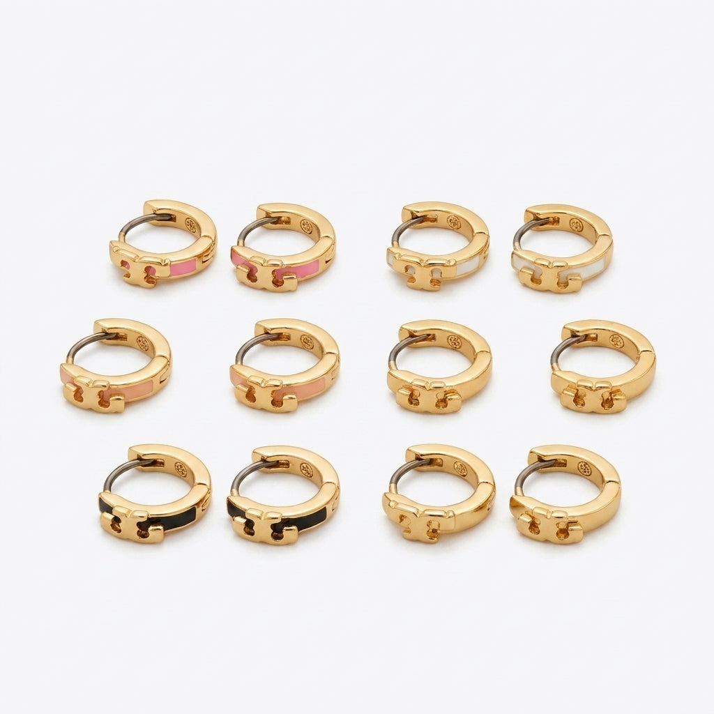Tory Burch Kira Enamel Huggie Hoop Earrings in gold finish with colorful enamel and Double T logo