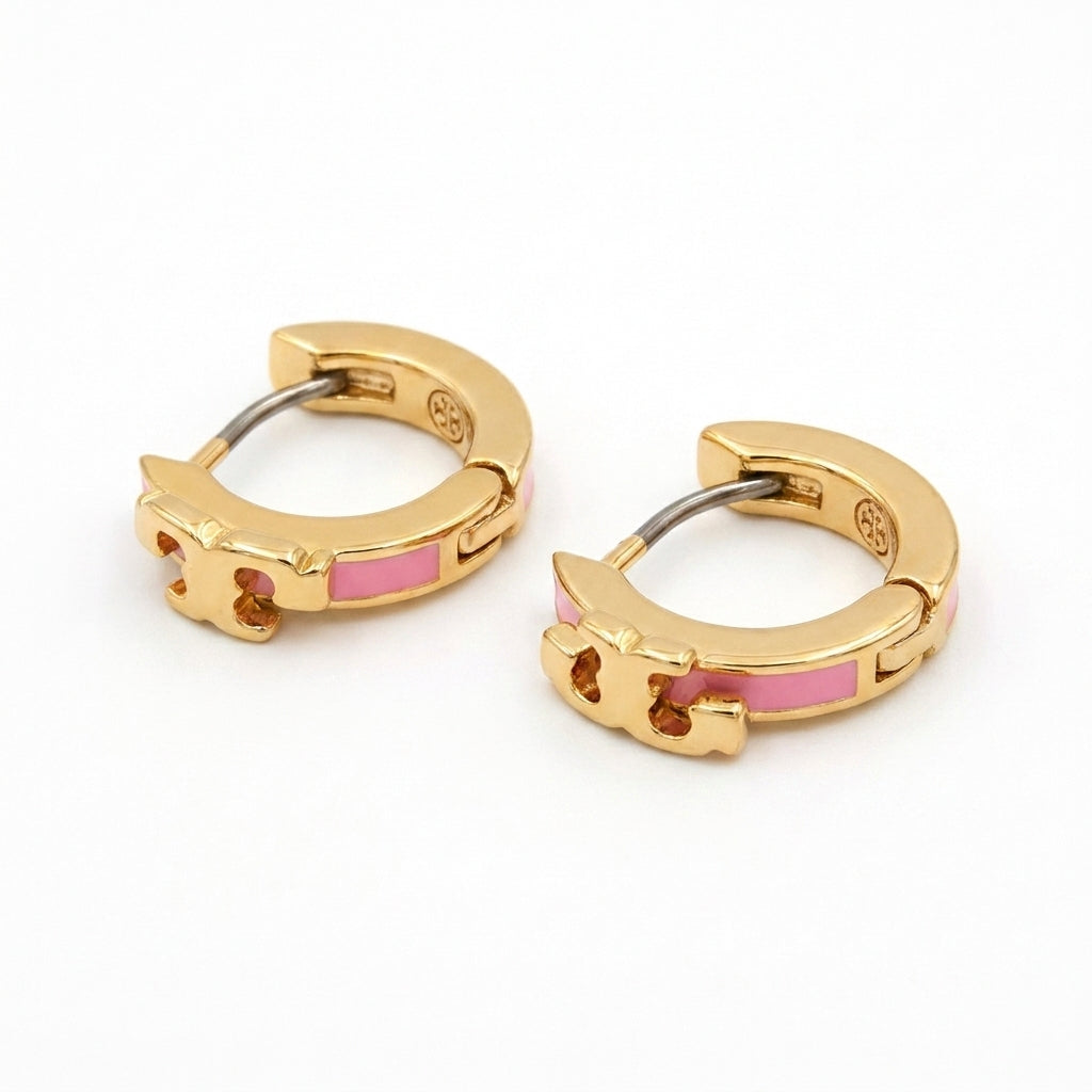 Tory Burch Kira Enamel Huggie Hoop Earrings in gold finish with colorful enamel and Double T logo