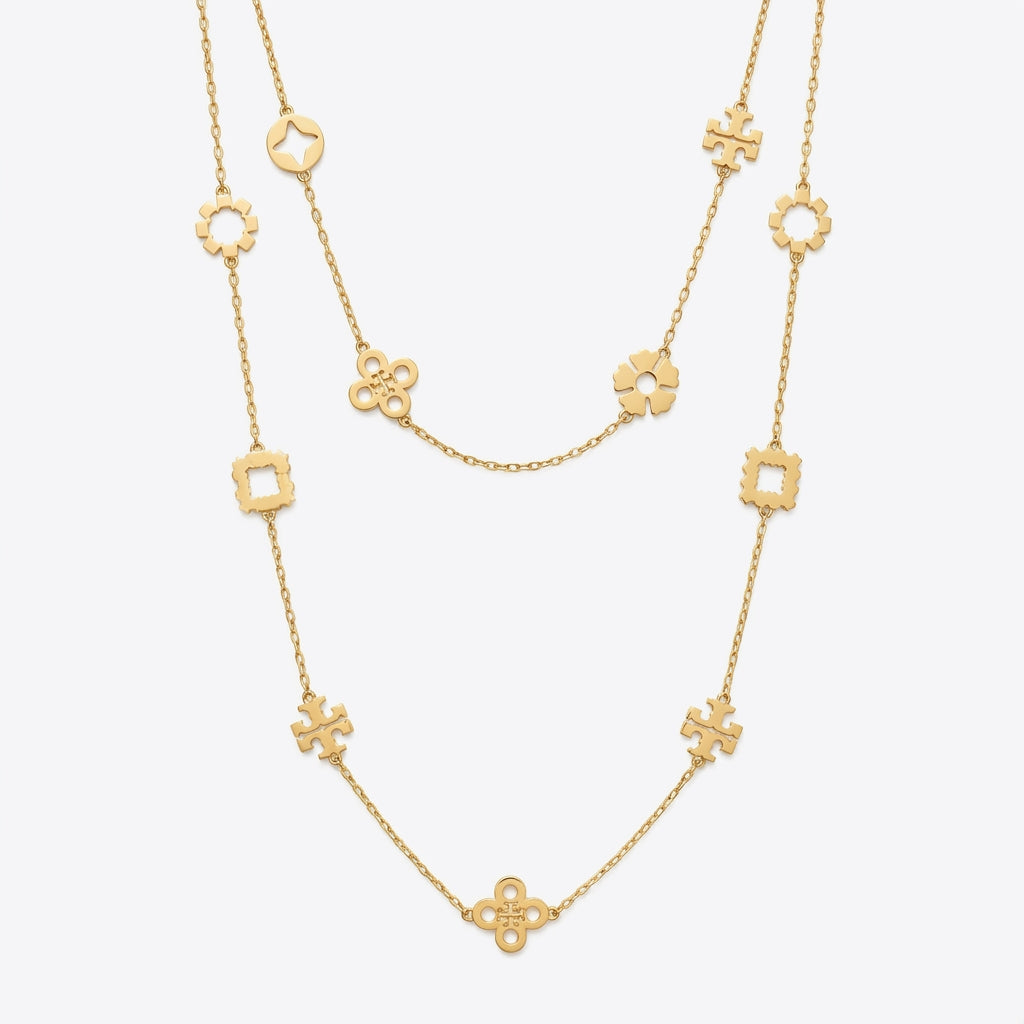 Tory Burch Kira Gold Clover Necklace in 18k gold-plated brass with Double T logo