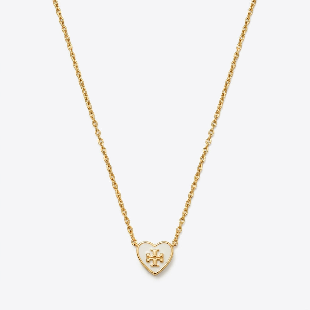 Tory Burch Kira Heart Pendant Necklace in 18k gold-plated brass featuring Double T logo
