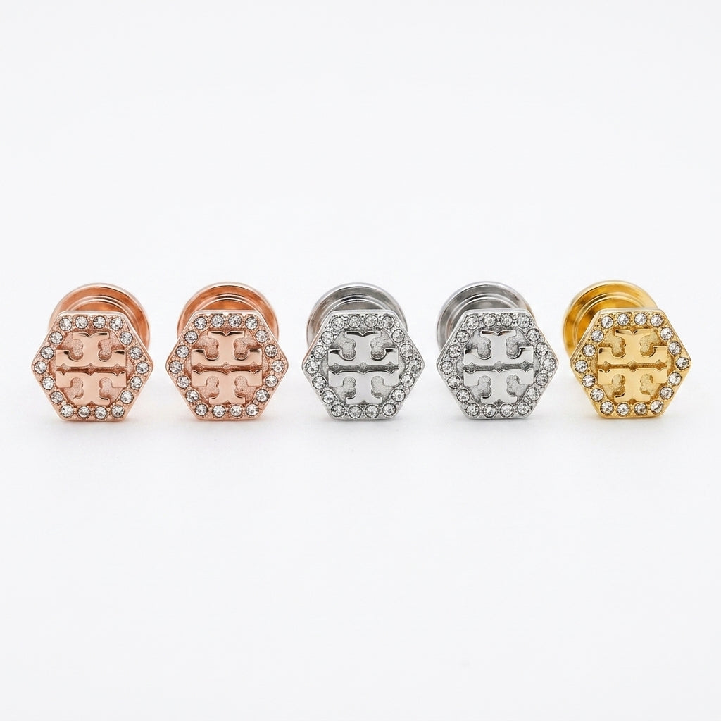 Tory Burch Kira Logo T Pave Stud Earrings featuring sparkling crystals and polished gold finish