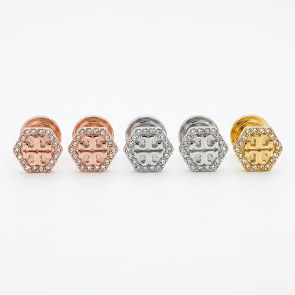 Tory Burch Kira Logo T Pave Stud Earrings featuring sparkling crystals and polished gold finish
