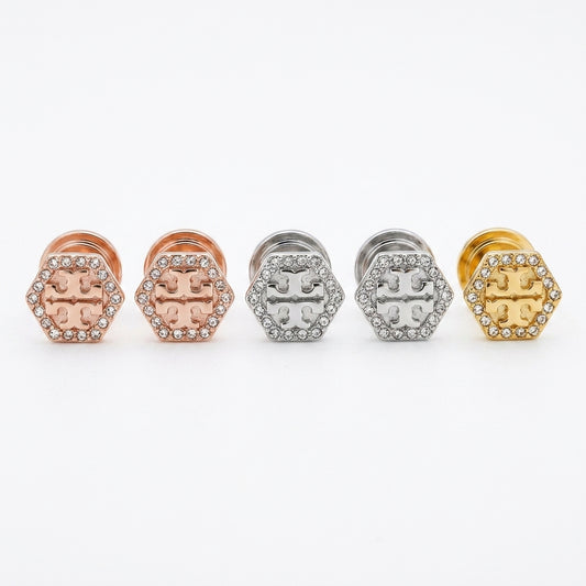 Tory Burch Kira Logo T Pave Stud Earrings featuring sparkling crystals and polished gold finish