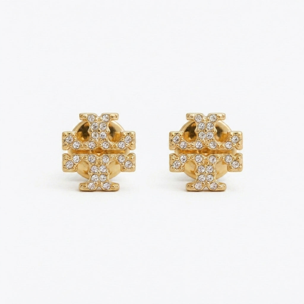 Tory Burch Kira Pavé Stud Earrings in 18k gold-plated brass with sparkling crystal accents